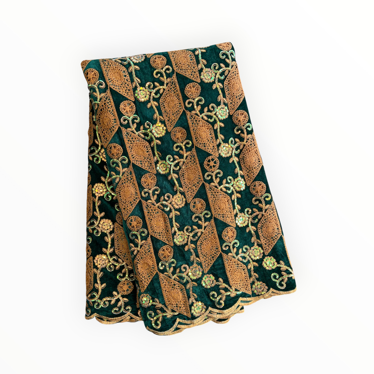 Luxury Velvet Lace Fabric in Green / Brown – 5 Yards Piece