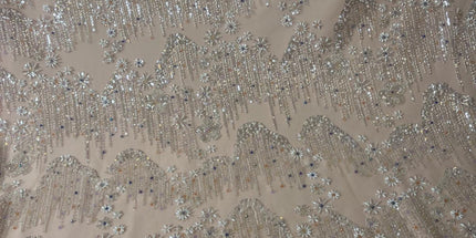 Beaded with Embroidered Rhinestones - Light Pink / Silver - 1 yard