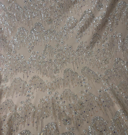 Beaded with Embroidered Rhinestones - Light Pink / Silver - 1 yard