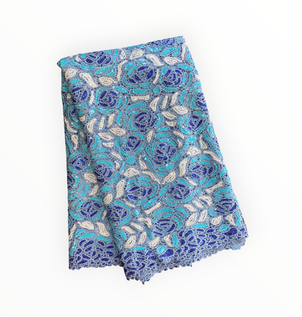 Premium Cord Lace with Sequins in Sky Blue / Royal Blue / White – 5 Yards Piece (New Collection)