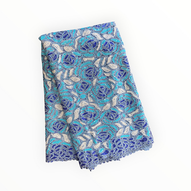 Premium Cord Lace with Sequins in Sky Blue / Royal Blue / White – 5 Yards Piece (New Collection)