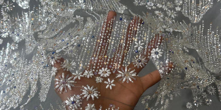 Beaded with Embroidered Rhinestones - Gray / Silver - 1 yard