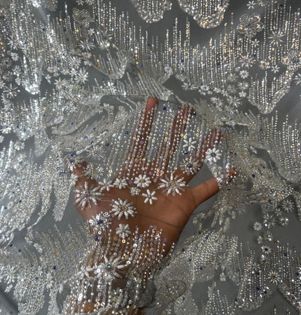 Beaded with Embroidered Rhinestones - Gray / Silver - 1 yard
