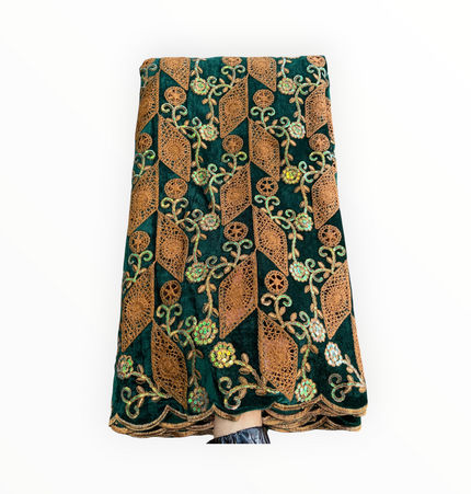Luxury Velvet Lace Fabric in Green / Brown – 5 Yards Piece