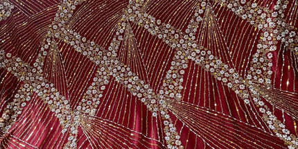 Luxurious Pearl / Beaded Lace - Maroon / Gold - 1 yard