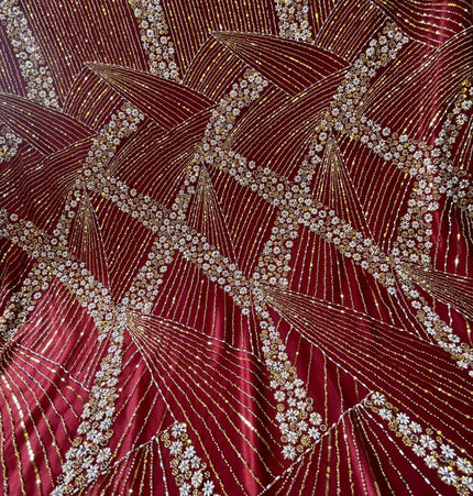 Luxurious Pearl / Beaded Lace - Maroon / Gold - 1 yard