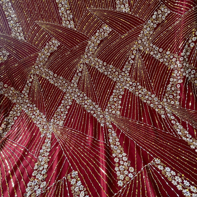 Luxurious Pearl / Beaded Lace - Maroon / Gold - 1 yard