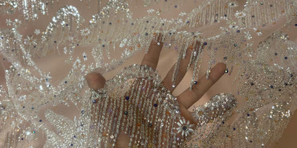 Beaded with Embroidered Rhinestones - Light Pink / Silver - 1 yard