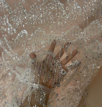 Beaded with Embroidered Rhinestones - Light Pink / Silver - 1 yard