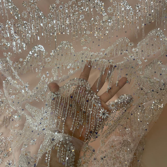 Beaded with Embroidered Rhinestones - Light Pink / Silver - 1 yard