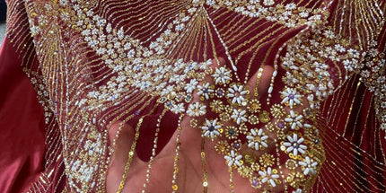 Luxurious Pearl / Beaded Lace - Maroon / Gold - 1 yard