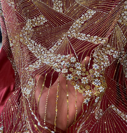 Luxurious Pearl / Beaded Lace - Maroon / Gold - 1 yard