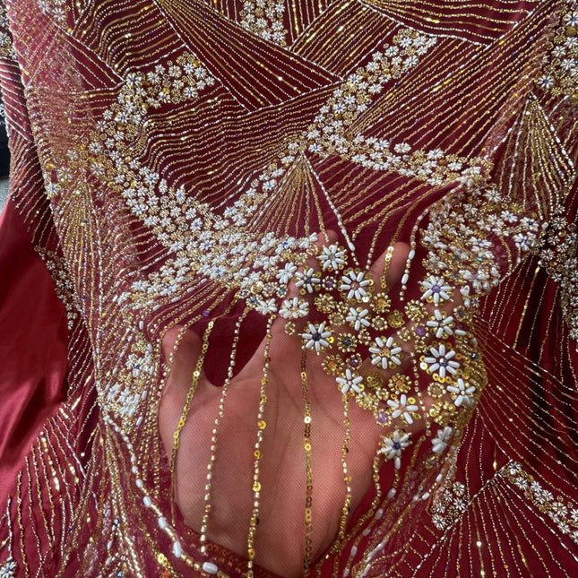 Luxurious Pearl / Beaded Lace - Maroon / Gold - 1 yard