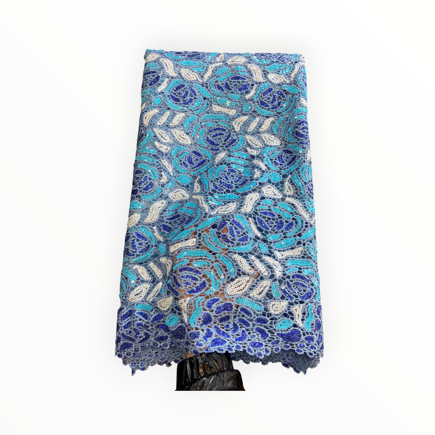 Premium Cord Lace with Sequins in Sky Blue / Royal Blue / White – 5 Yards Piece (New Collection)