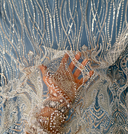 Prestige Light Blue Pearl Beaded Lace / Metre