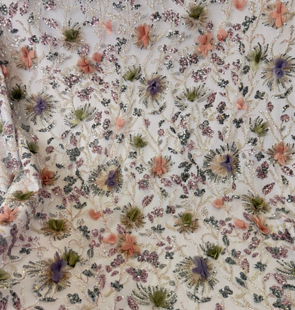 Stunning White 3D Beaded Lace Fabric / Metre