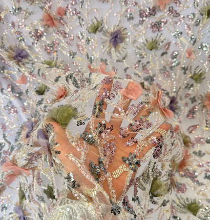 Stunning White 3D Beaded Lace Fabric / Metre