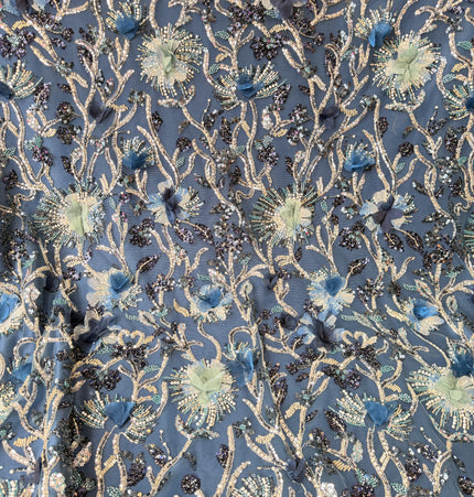 Stunning Navy Blue 3D Beaded Lace Fabric / Metre