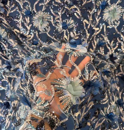 Stunning Navy Blue 3D Beaded Lace Fabric / Metre