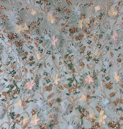 Stunning Light Green 3D Beaded Lace Fabric / Metre