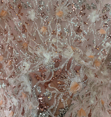Stunning Peach 3D Beaded Lace Fabric / Metre