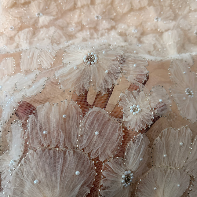 Fluffy Light Beige Beaded Lace