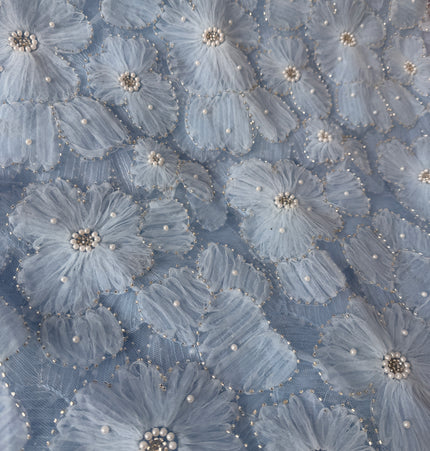 Fluffy Light Blue Beaded Lace