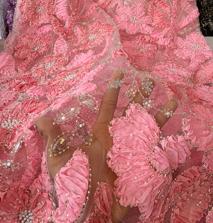 Heavy Fluffy Light Pink Beaded Lace