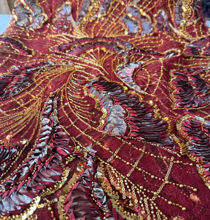 Heavy Fluffy Maroon with Gold Beaded Lace