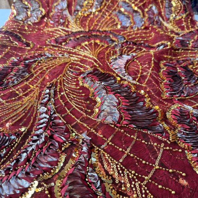 Heavy Fluffy Maroon with Gold Beaded Lace