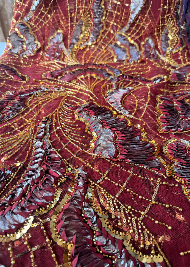 Heavy Fluffy Maroon with Gold Beaded Lace