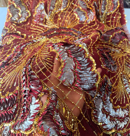 Heavy Fluffy Maroon with Gold Beaded Lace