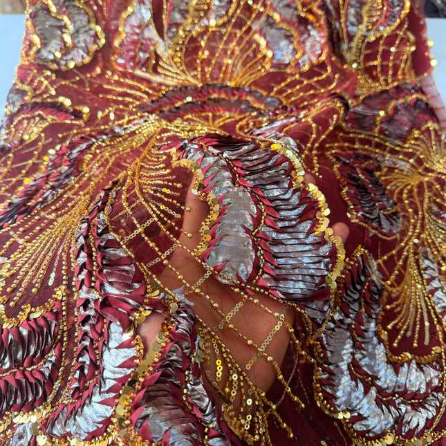 Heavy Fluffy Maroon with Gold Beaded Lace