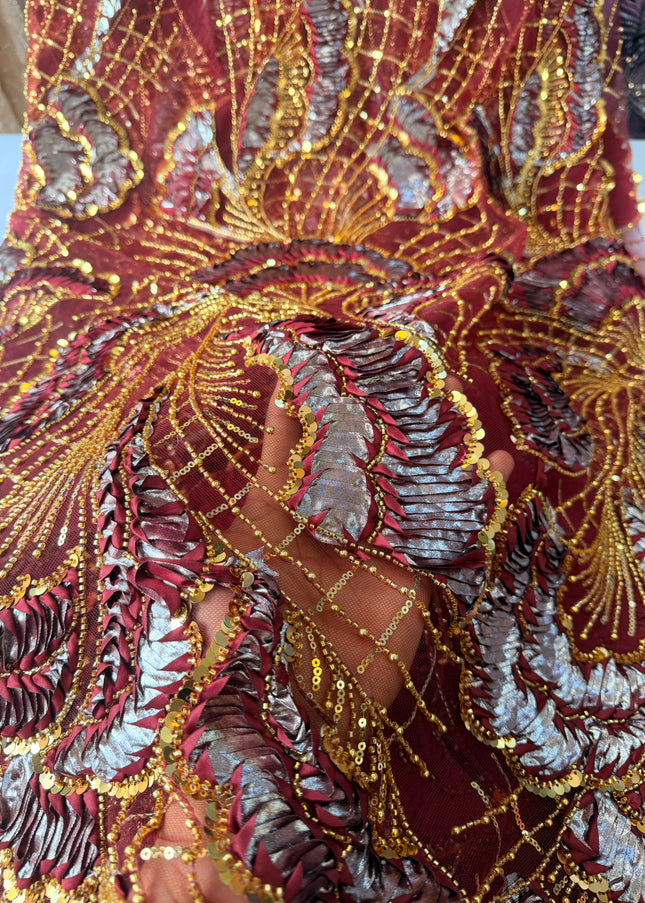 Heavy Fluffy Maroon with Gold Beaded Lace