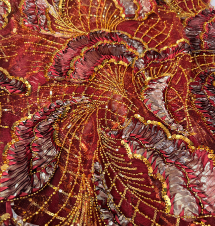 Heavy Fluffy Maroon with Gold Beaded Lace