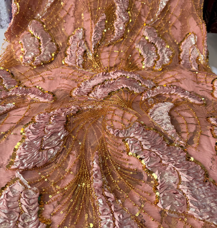 Heavy Fluffy Pink with Gold Beaded Lace