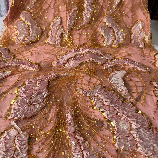 Heavy Fluffy Pink with Gold Beaded Lace