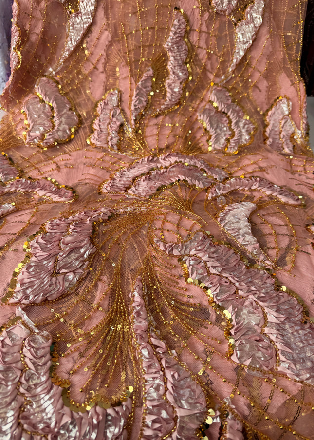 Heavy Fluffy Pink with Gold Beaded Lace