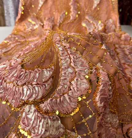 Heavy Fluffy Pink with Gold Beaded Lace