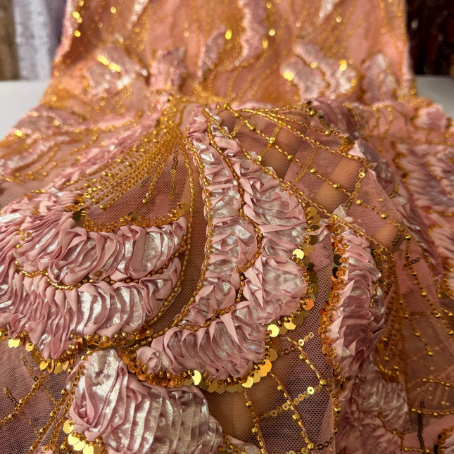 Heavy Fluffy Pink with Gold Beaded Lace