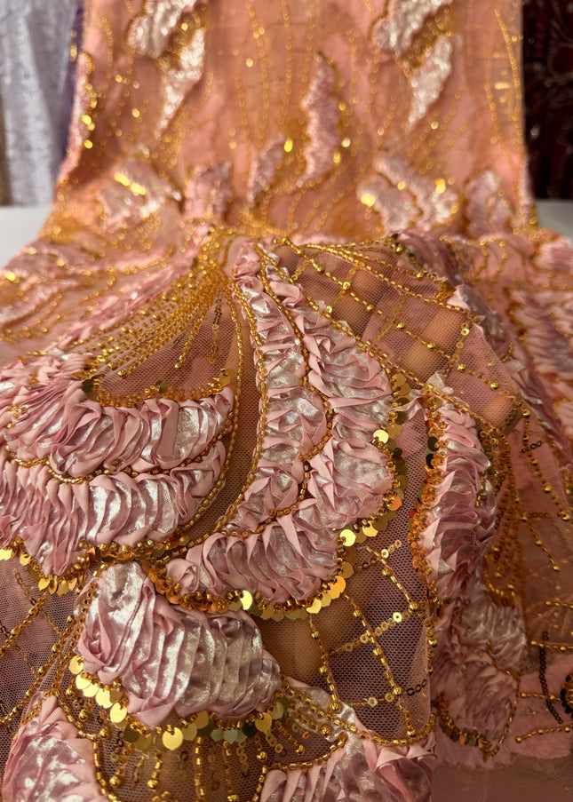 Heavy Fluffy Pink with Gold Beaded Lace