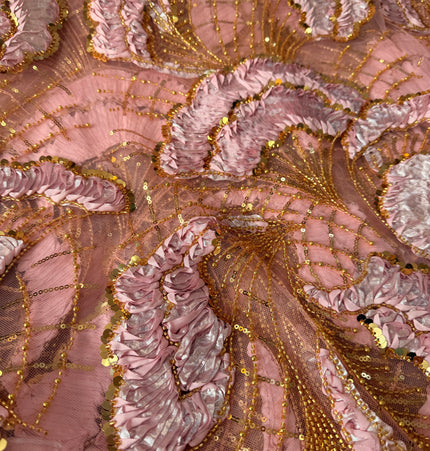 Heavy Fluffy Pink with Gold Beaded Lace