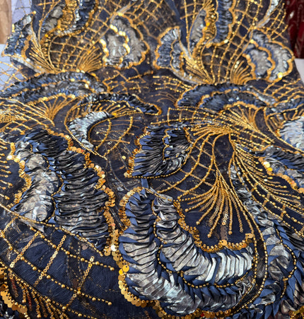 Heavy Fluffy Navy Blue with Gold Beaded Lace