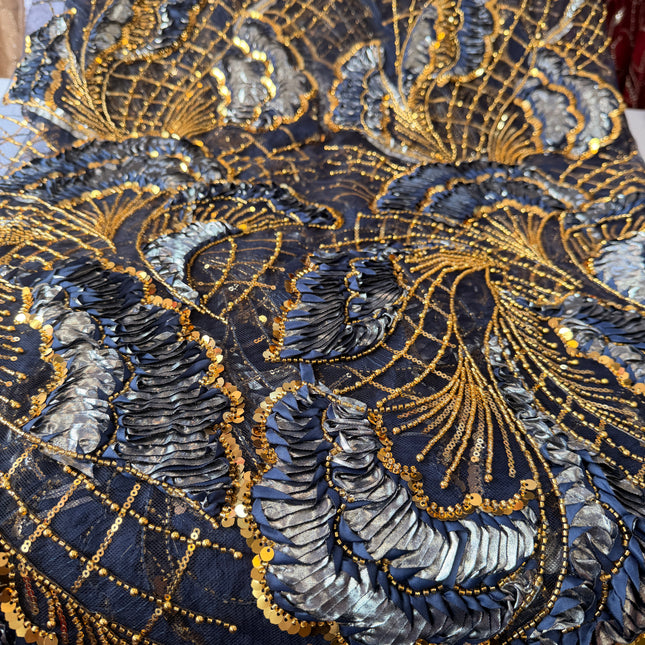 Heavy Fluffy Navy Blue with Gold Beaded Lace