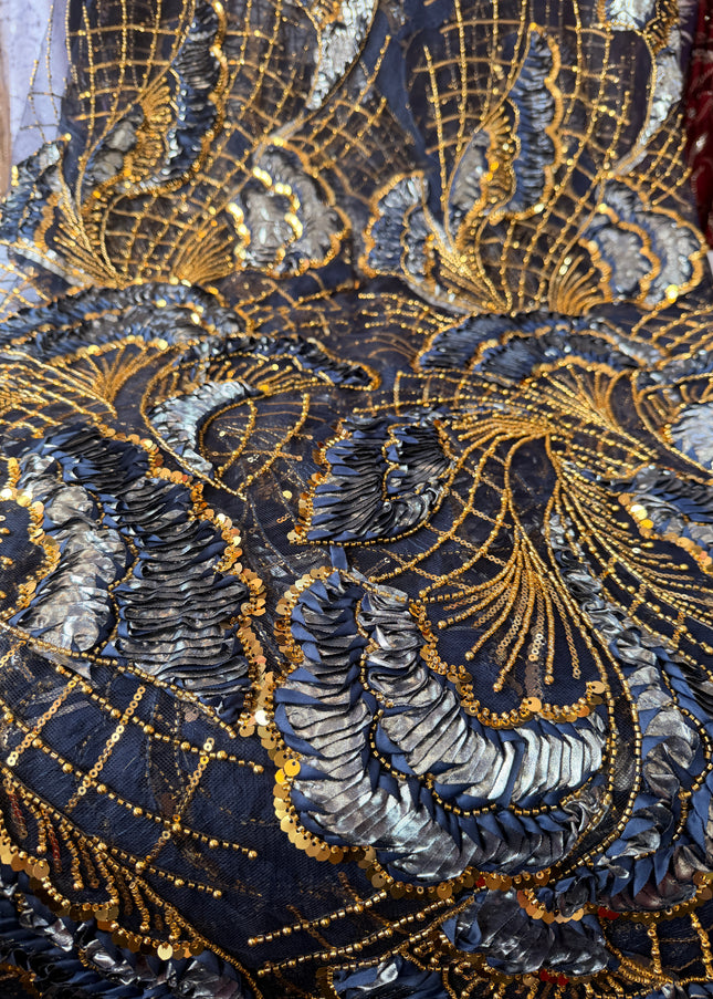 Heavy Fluffy Navy Blue with Gold Beaded Lace