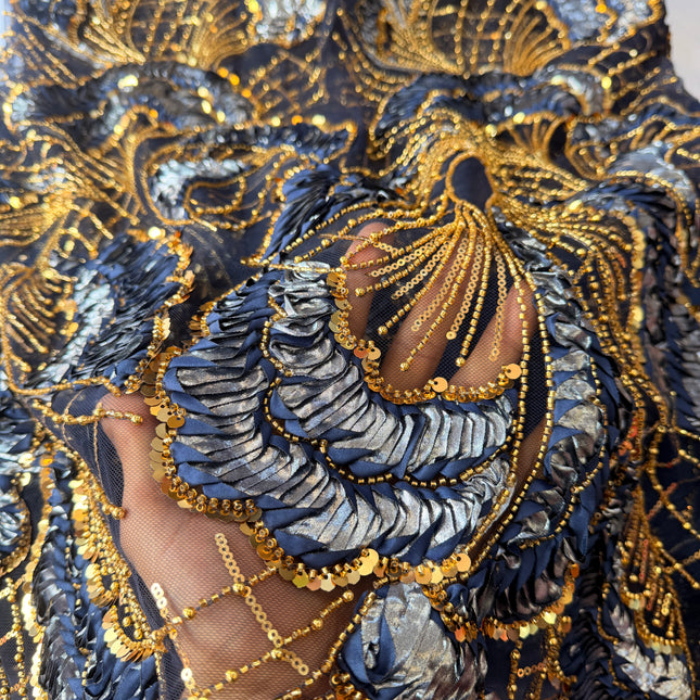 Heavy Fluffy Navy Blue with Gold Beaded Lace