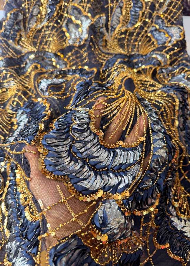 Heavy Fluffy Navy Blue with Gold Beaded Lace