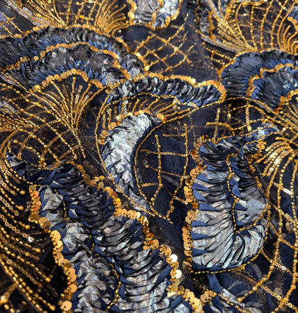 Heavy Fluffy Navy Blue with Gold Beaded Lace