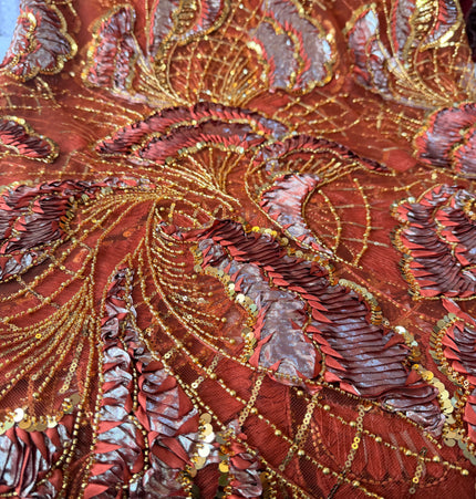 Heavy Fluffy Burnt Orange with Gold Beaded Lace