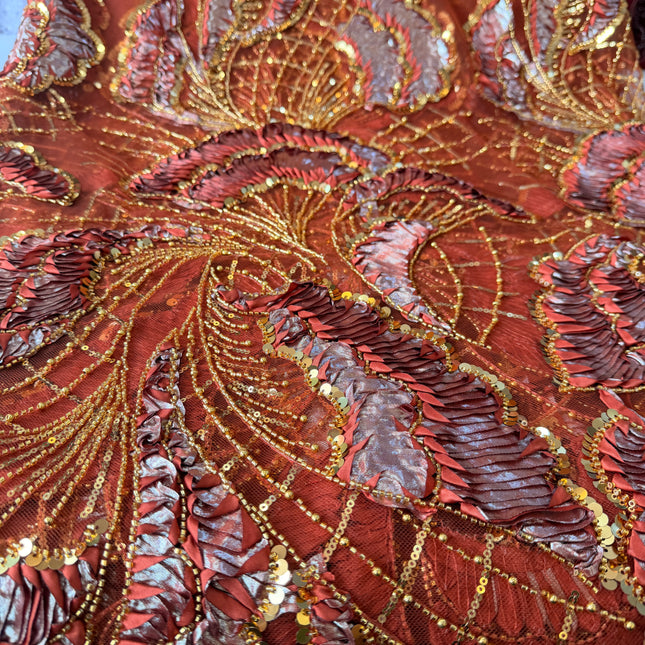Heavy Fluffy Burnt Orange with Gold Beaded Lace